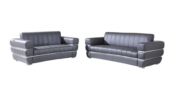Two Piece Indoor Dark Gray Italian Leather Five Person Seating Set N270-476551