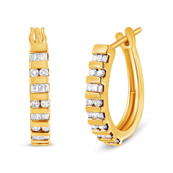 10K Yellow Gold 1.0 Cttw Round and Baguette-Cut Diamond Hoop Earrings (I-J Color, I2-I3 Clarity) N162-016967EYDM
