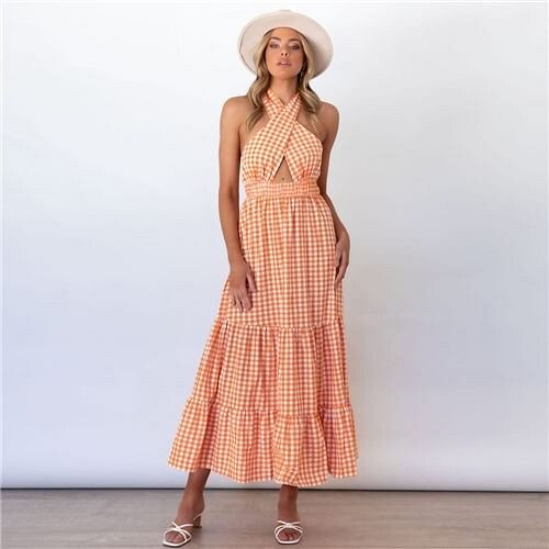 Europe and America Popular Backless Plaid Summer Beach Long Dress - Orange A392-fasd0188