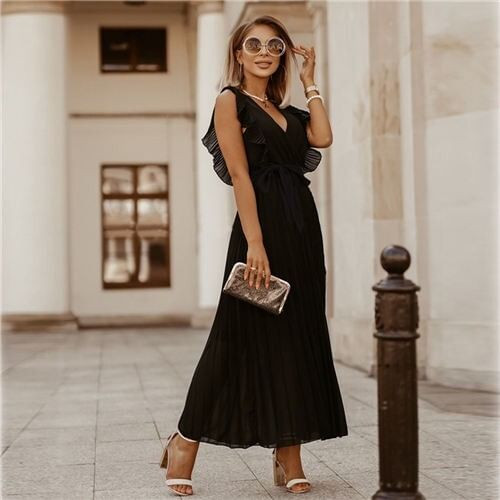 Fashionable Slender Ruffle Sleeve Solid Color Chiffon Pleated Beach Dress - Black A392-fasd0142