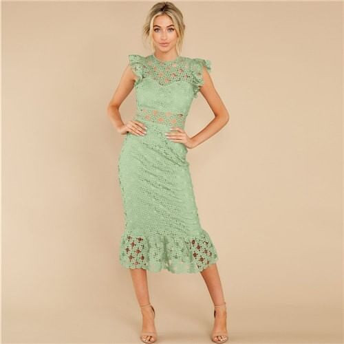 European and U.S. Fashion Hollow Lace Romantic Design French Elegant Dress - Avocado A392-fasd0152