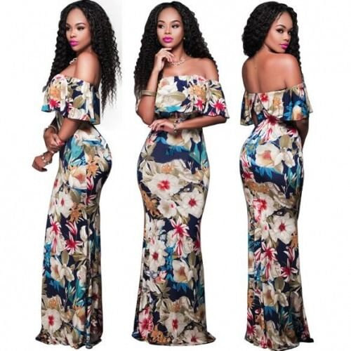 Flowers Printing Strapless Fashion Women Long Dress A392-fasd0089