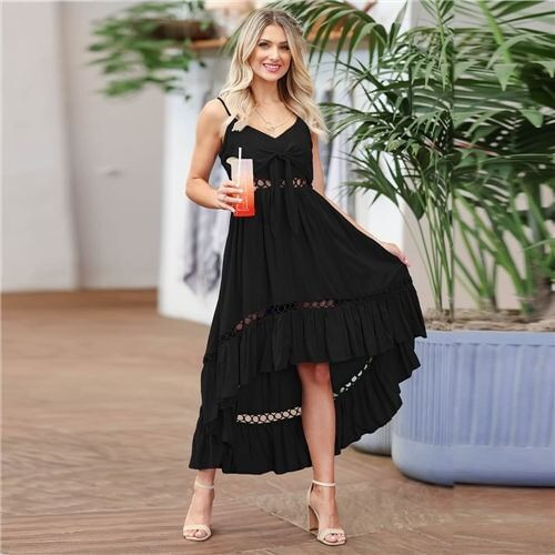 Summer Chiffon Irregular Lace Suspender Long Dress - Black A392-fasd0170