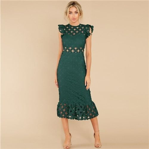 European and U.S. Fashion Hollow Lace Romantic Design French Elegant Dress - Ink Green A392-fasd0149