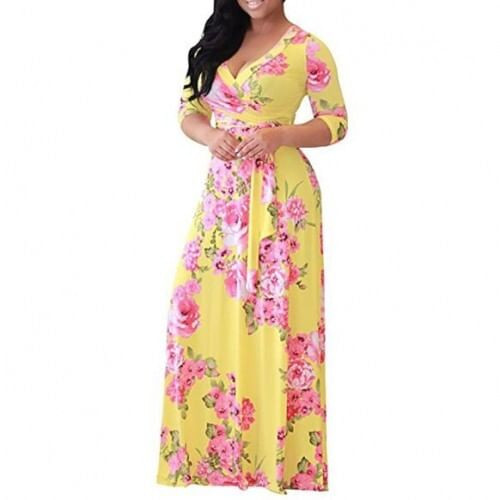 V-neck Fashion Floral Printing Women Dress - Yellow A392-fasd0062