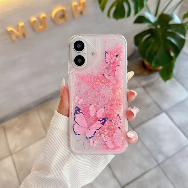 Color: Pink, Material: ABS - Luminous Quicksand Glitter Butterfly Case for iPhone 16 15 14 Pro Max  F640-12000042619441315