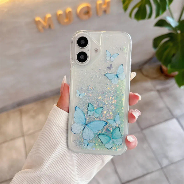 Color: Blue, Material: PVC - Luminous Quicksand Glitter Butterfly Case for iPhone 16 15 14 Pro Max  F640-12000042619441277