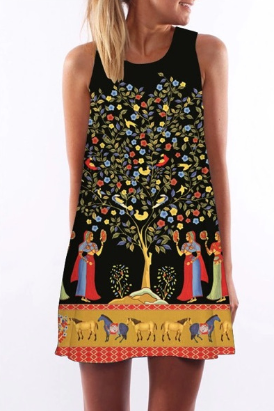 Vintage round neck digital print sleeveless dress women's clothing Q119-CJNSSYLY01216