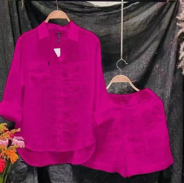 Color: Rose Red, Size: S - Fashion White Long Sleeve Shirt And Shorts Two Piece Sets Women 2024 Sum F640-12000041582177173