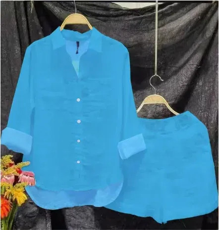 Color: SKY BLUE, Size: M - Fashion White Long Sleeve Shirt And Shorts Two Piece Sets Women 2024 Sum F640-12000041582177156