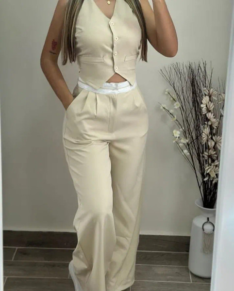 Color: Beige, Size: S - New Women's Two-Piece 2024 Summer Casual Sexy Elegant V-Neck Twist Button T F640-12000039405273341