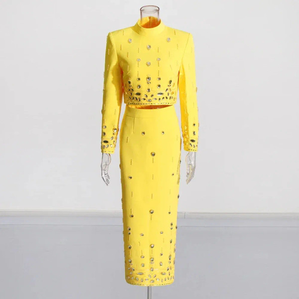 Color: Yellow, Size: XL - Spliced Diamonds Two Piece Set For Women Stand Collar Long Sleeve Tops Hi F640-12000044204555095