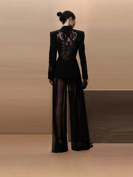 HIGH QUALITY New Fashion 2025 Designer Suit Set Women's Gauze Patchwork Beaded Blazer Chiffon Pants F640-3256808047177465