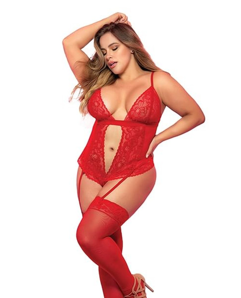 Lace & Mesh Teddy w/Hook & Eye Crotch Closure w/Attached Garter Straps Red 2X/3X X615-MPE8568-RD-X3