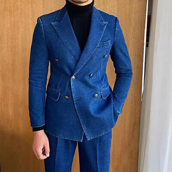 Color: black, Size: S - Denim British fashion men's suit high quality casual 2 piece top pants suit F640-12000041349051807