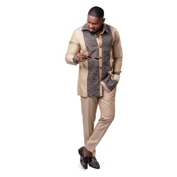 Color: Brown, Size: M - 2024 New African Traditional Men's Set Elegant and Fashionable Men's Suit C F640-12000038939492096