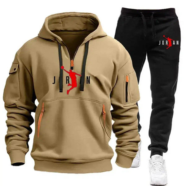 Color: Beige, Size: XXXL - 2025 new men's zipper multi-pocket hoodie loose casual sweater suit spri F640-12000044718406777