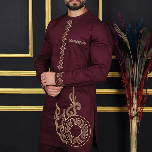 Color: Yellow, Size: XXL - New Kaunda Boutique Men's Set Fashionable Red Luxury Grand Round Neck Em F640-12000039626831358