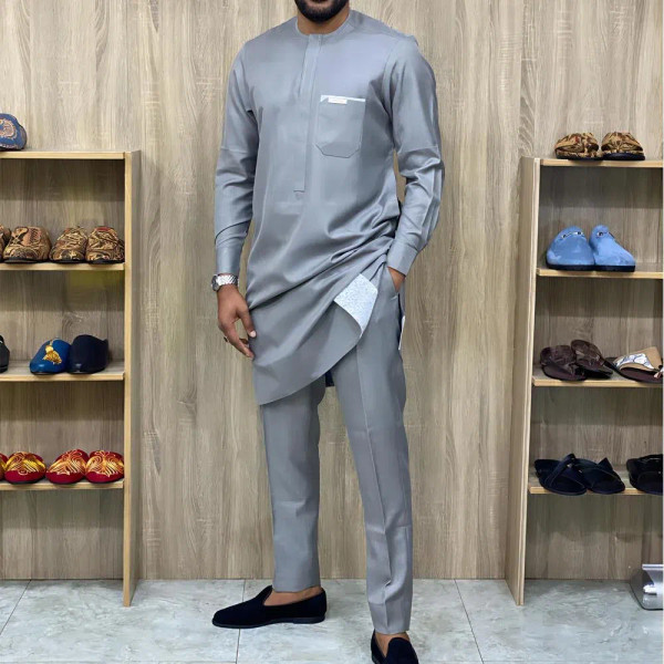 Color: Champagne, Size: XXXL - New Dashiki Men's Set Grey Round Neck Long Sleeve Luxury Brand Men's F640-12000039121959447