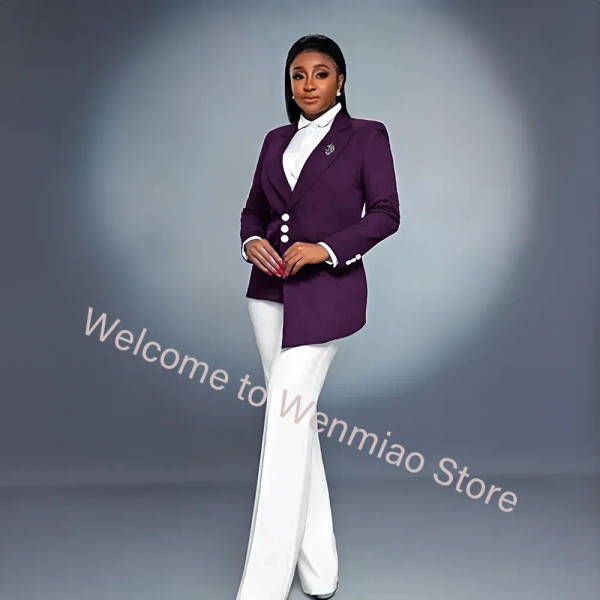 Color: PURPLE, Size: XL - Navy Women's Blazer 2-piece Set Fashionable Jacket Pants Set Ladies Suit  F640-12000036647738300