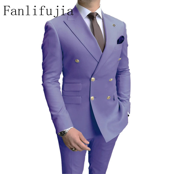 Color: Lavender, Size: M - Fanlifujia Store 2024 Casual Sky Blue Men Suits Double Brested Peak Lape F640-12000038509519179
