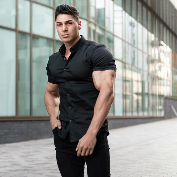 Color: Black, Size: M - Muscle Men's Fitness Shirt Short-Sleeved Shirt Summer Sports Stretch Breath Q119-CJNS105177008HS