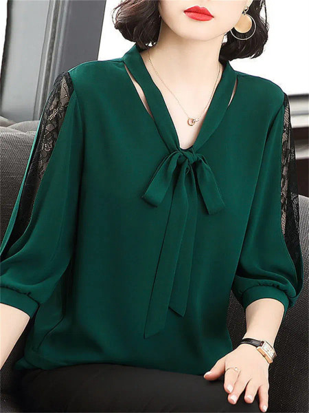 Color: green, Size: M - Women Spring Summer Style Blouses Tops Lady Casual Bow Tie Colloar Half Lac F640-12000032362922446