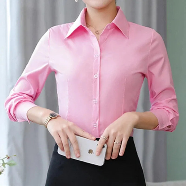 Color: Pink, Size: M - Elegant Women Shirts Woman White Shirt Long Sleeve Blouse Office Lady busine F640-12000033105590395