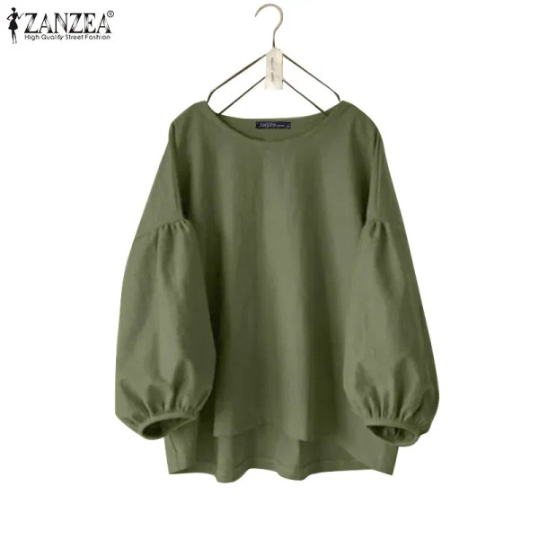 Color: green, Size: XL - ZANZEA Women's Blouses Trend 2024 Autumn Tops Casual O Neck Long Sleeve So F640-12000041873858004