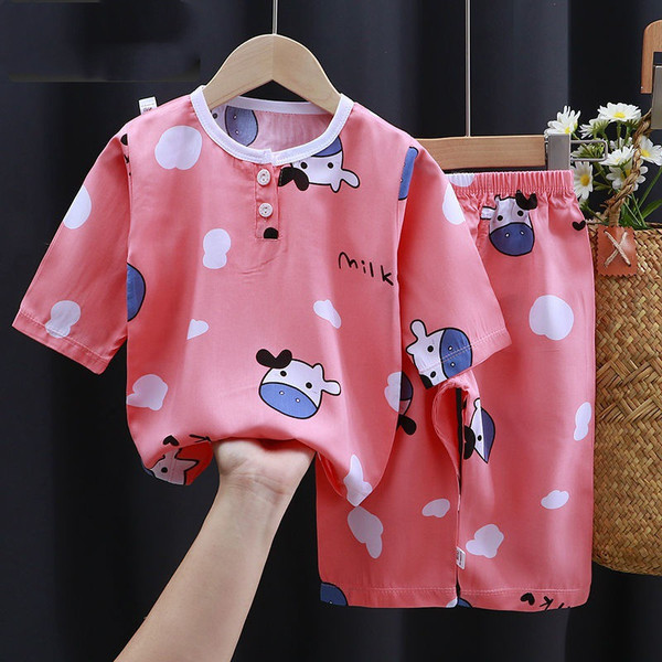 Color: Powder cow, Child size: 110cm - Summer Clothes Cotton Silk Air-conditioning Clothes Baby Clo Q119-CJYE118314342PK
