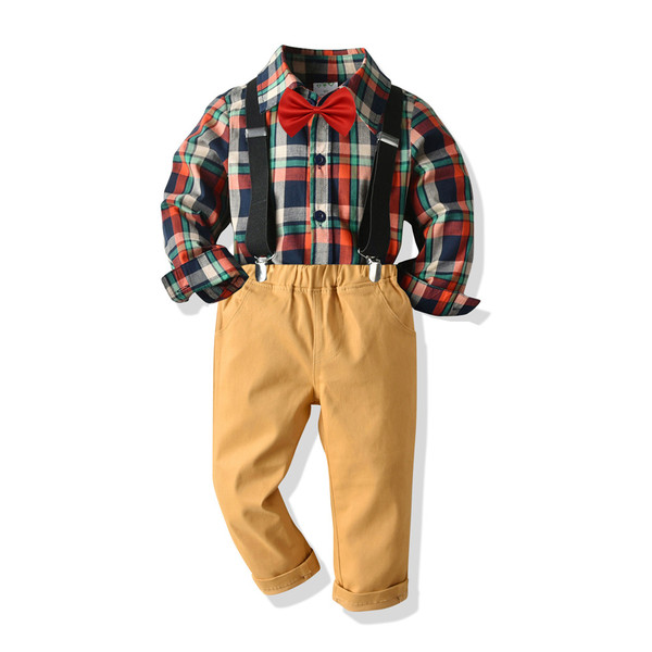style: G, Child size: 130cm - Boy's Four-piece Plaid Shirt Bib Set Q119-CJNT121403347UF