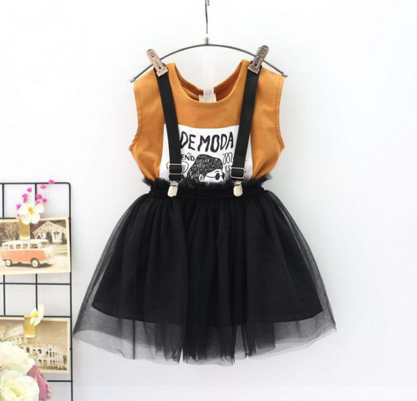 Cartoon letter T-shirt + mesh yarn suspender skirt children's skirt suit - Style: Stripe, Size: 110 Q119-CJWJNHNT00161-Stripe-110cm
