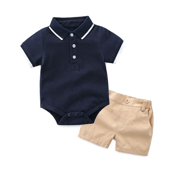Color: Dark Blue, Child size: 70cm - Short-sleeved Suit Polo Shirt Romper Lapel Cotton Shorts Q119-CJNT119811701AZ