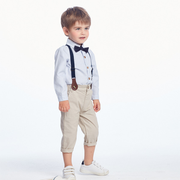 Color: Light pink, Appropriate Height: 120cm - Boy's suit striped long-sleeved shirt bib Q119-CJWJNHNT01116-Light pink-120cm