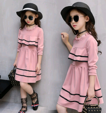 Color: Thick pink, Size: 140cm - Girls dress autumn new girls dresses big boy little girl solid col Q119-CJWJNHNT00278-Thick pink-140cm