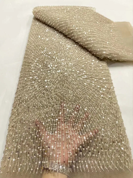 Color: BROWN, Width: 120cm, Length: 5 yards - Wholesale Beaded Lace Fabric, French Mesh With Sequen F640-12000047021450083