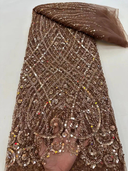 Color: Orange, Width: 120cm, Length: 5 yards - Ni Ai African Sequins Beaded Groom Lace Fabric High  F640-12000047826051669