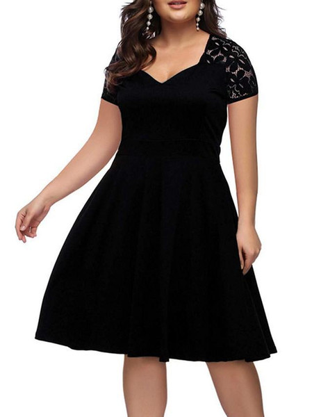 Color: Black, Size: 2XL - New Summer Plus Size Dresses Sexy V-neck Lace Vestido Largo Big Size Holl Q119-CJLY106603306FU