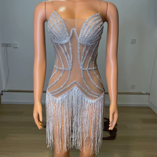Color: B Low End, Size: S - Women's Fashion Full Of Diamonds Tassels See-through Mesh Dress Q119-CJLY169499104DW