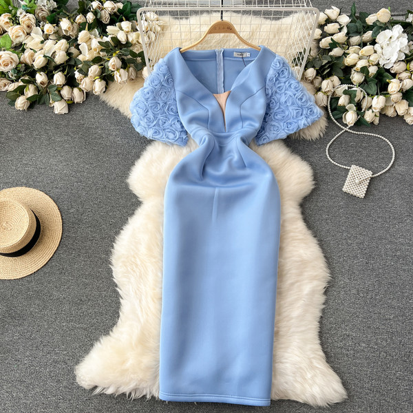 Color: Blue, Size: 3XL - French Style Puff Sleeve Waist-tight Banquet Party Dress Q119-CJLY202997506FU
