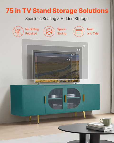  TV Stand for TVs up to 75 inch, Modern Entertainment Center with Glass Doors and Gold Legs, TV Cab E415-BLDSJBLMDSJ6YOSLF001V0