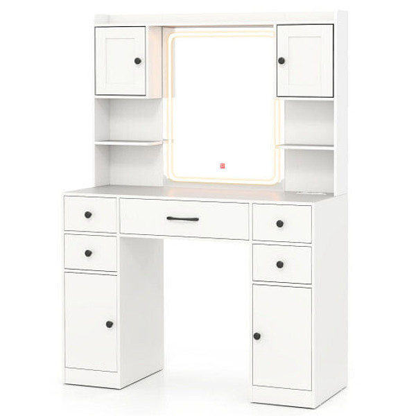Makeup Vanity Desk with Lighted Mirror and Charging Station-White - Color: White D681-HU10929US-WH
