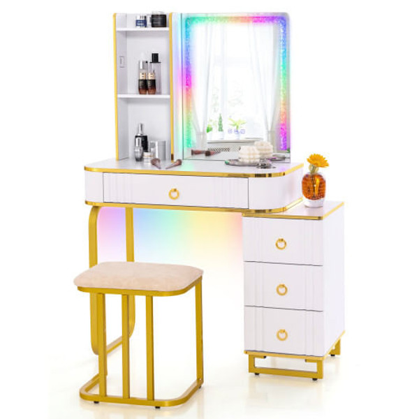 Vanity Table Set with RGB LED Lights and Wireless Charging Station-White - Color: White D681-HU10617US-WH