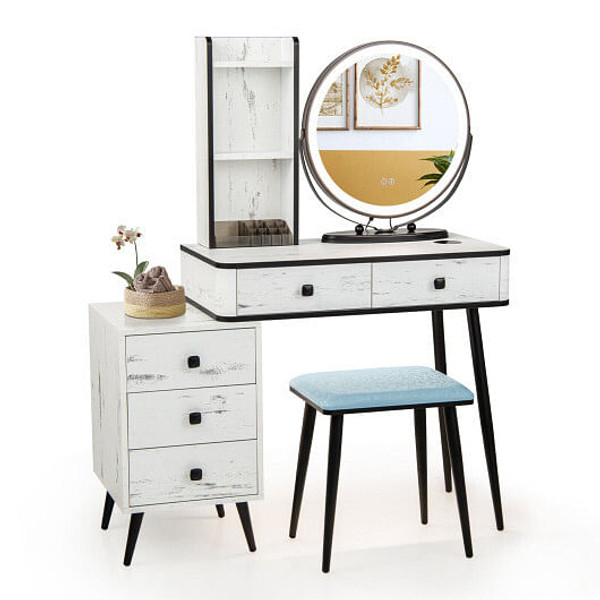 Vanity Table Set with 3-Color Lighted Mirror and Cushioned Stool-White - Color: White D681-HU10332US-WH