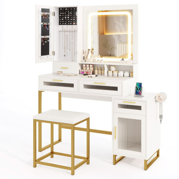 Makeup Vanity Desk Dressing Table and Stool Set with Lighted Mirror-White - Color: White D681-HU10854US-WH