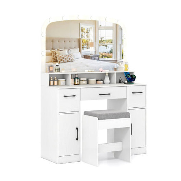 Vanity Desk Makeup Table with Stool 3-Color Lights and Charging Station-White - Color: White D681-HU11089US-WH+