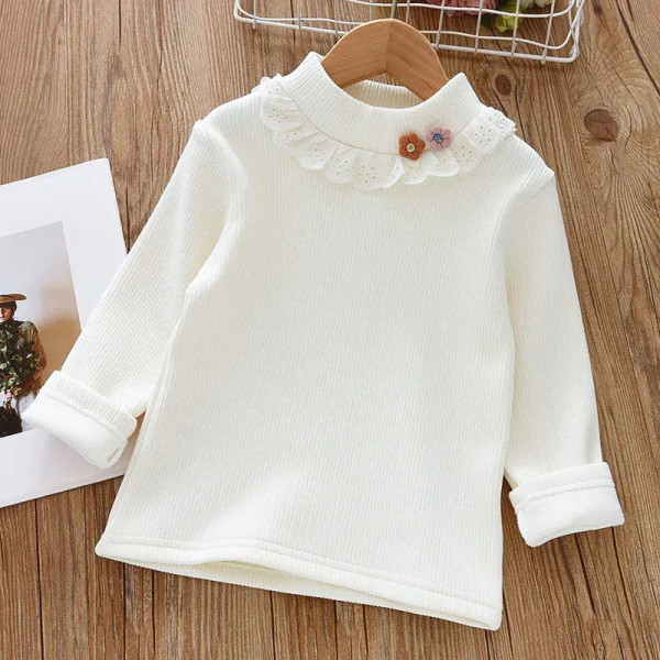 Color: Beige, Kid Size: 4T - 1pcs Children's T-Shirts Flower Decoration Velvet warm top Kids Half H F640-12000044586607632