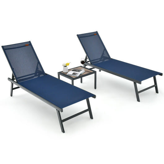 3 Pieces Patio Chaise Lounge Chair and Table Set for Poolside Yard-Navy - Color: Navy D681-NP11119NY