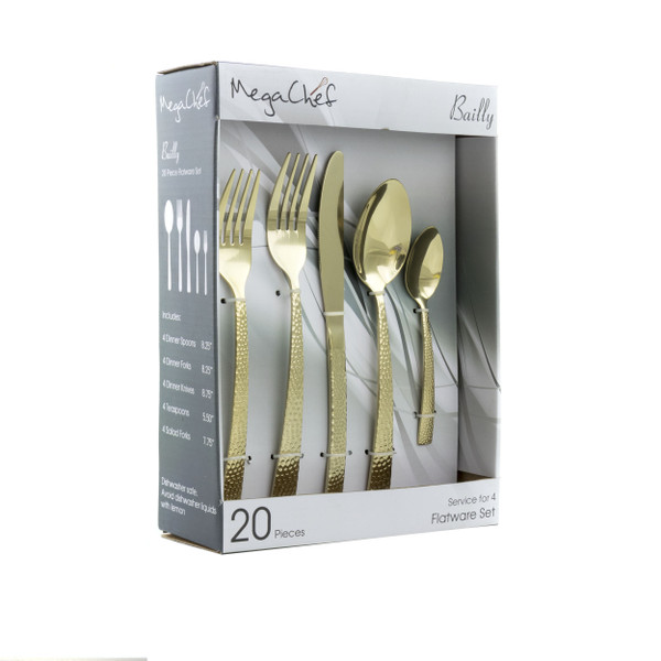MegaChef Baily 20 Piece Flatware Utensil Set, Stainless Steel Silverware Metal Service for 4 in Lig D970-MCFW-BAILY-LIGHTGOLD