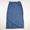 This long blue denim skirt by JM Collection has buttons and slits on the side, and is a size 10.